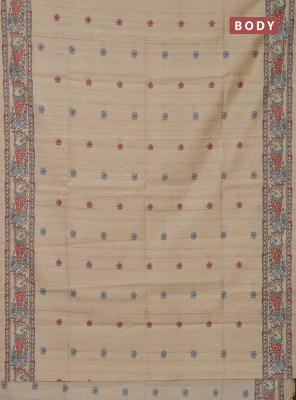 Semi tussar saree sandal with butta prints and madhubani printed pallu