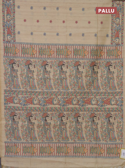 Semi tussar saree sandal with butta prints and madhubani printed pallu