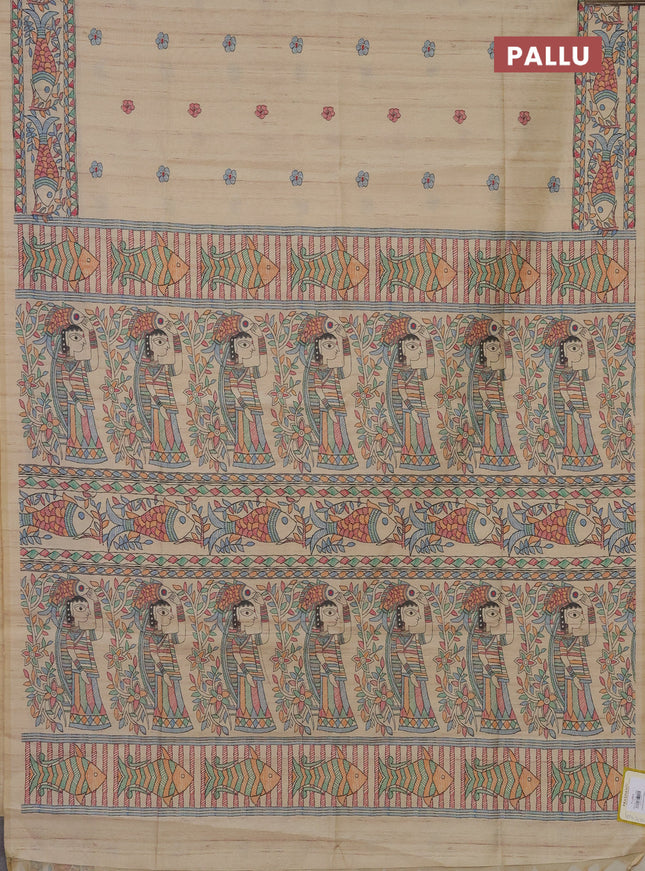 Semi tussar saree sandal with butta prints and madhubani printed pallu