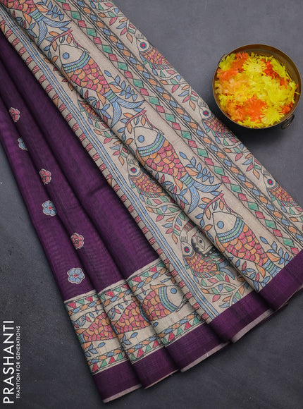 Semi tussar saree deep purple and beige with butta prints and madhubani printed pallu