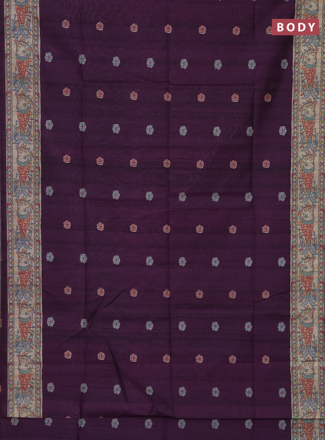 Semi tussar saree deep purple and beige with butta prints and madhubani printed pallu