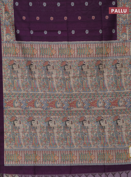 Semi tussar saree deep purple and beige with butta prints and madhubani printed pallu