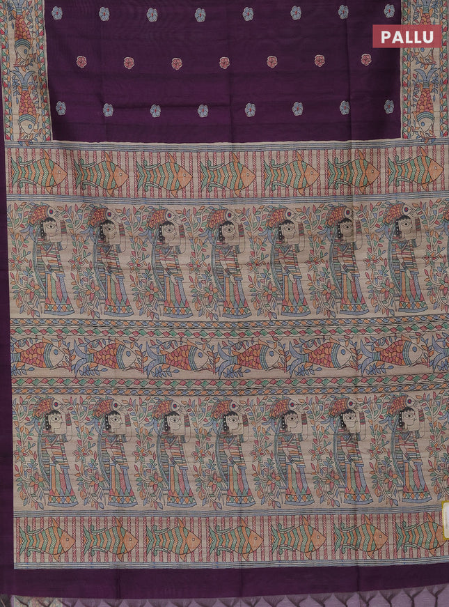 Semi tussar saree deep purple and beige with butta prints and madhubani printed pallu