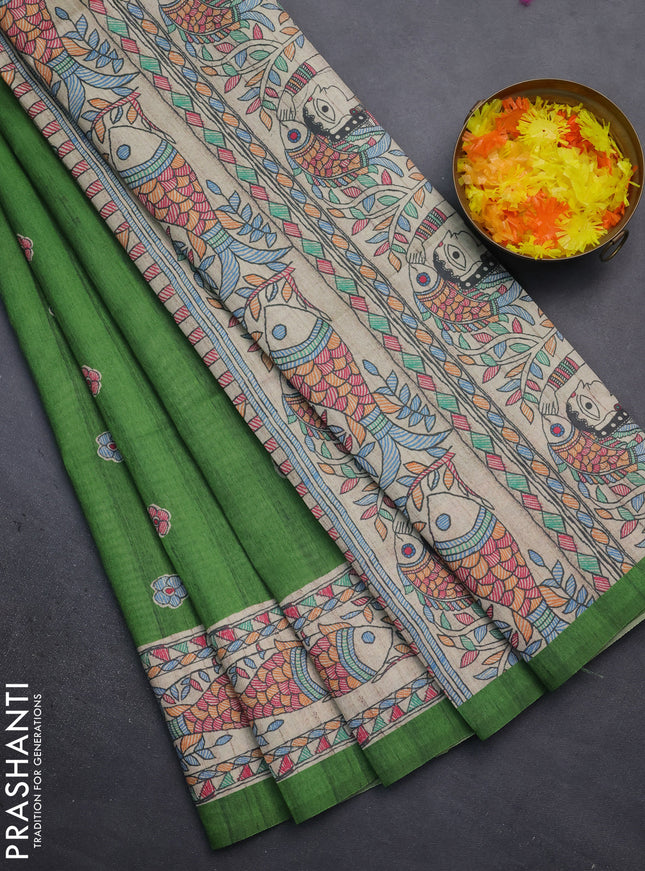 Semi tussar saree green and beige with butta prints and madhubani printed pallu