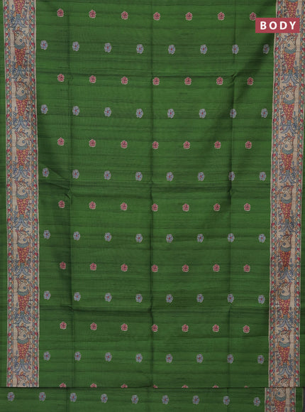 Semi tussar saree green and beige with butta prints and madhubani printed pallu