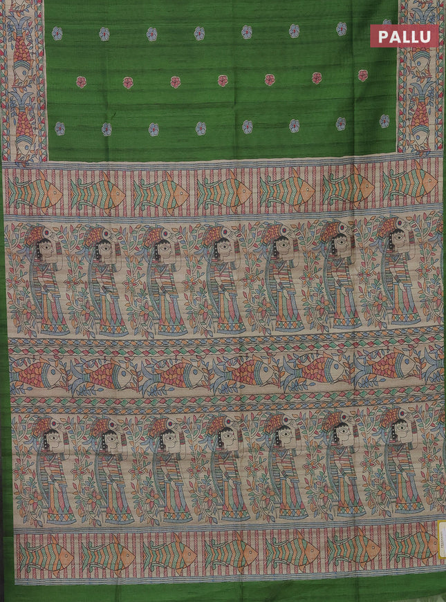 Semi tussar saree green and beige with butta prints and madhubani printed pallu