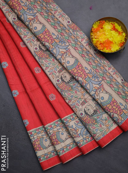 Semi tussar saree red and beige with butta prints and madhubani printed pallu