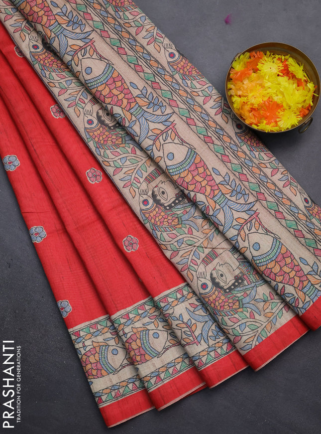 Semi tussar saree red and beige with butta prints and madhubani printed pallu
