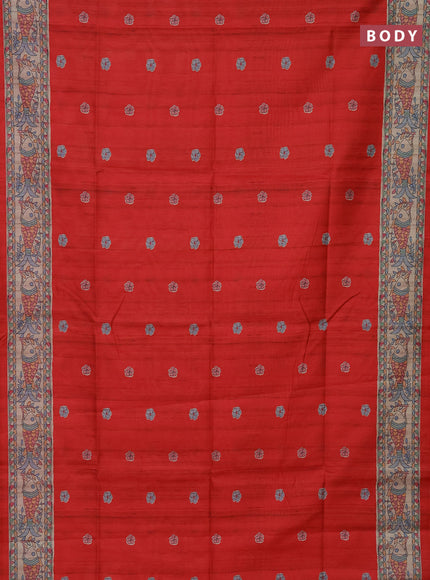 Semi tussar saree red and beige with butta prints and madhubani printed pallu