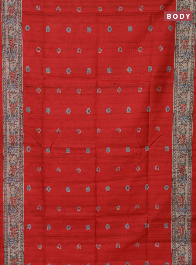 Semi tussar saree red and beige with butta prints and madhubani printed pallu