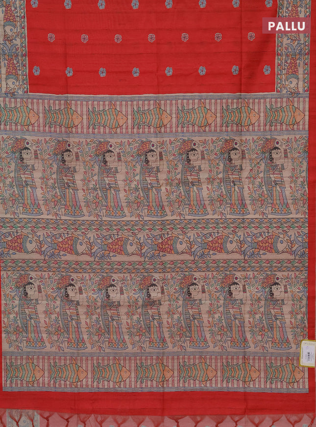 Semi tussar saree red and beige with butta prints and madhubani printed pallu