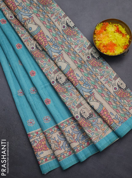 Semi tussar saree teal blue and beige with butta prints and madhubani printed pallu