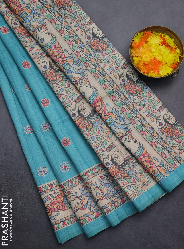 Semi tussar saree teal blue and beige with butta prints and madhubani printed pallu