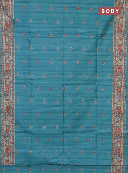 Semi tussar saree teal blue and beige with butta prints and madhubani printed pallu