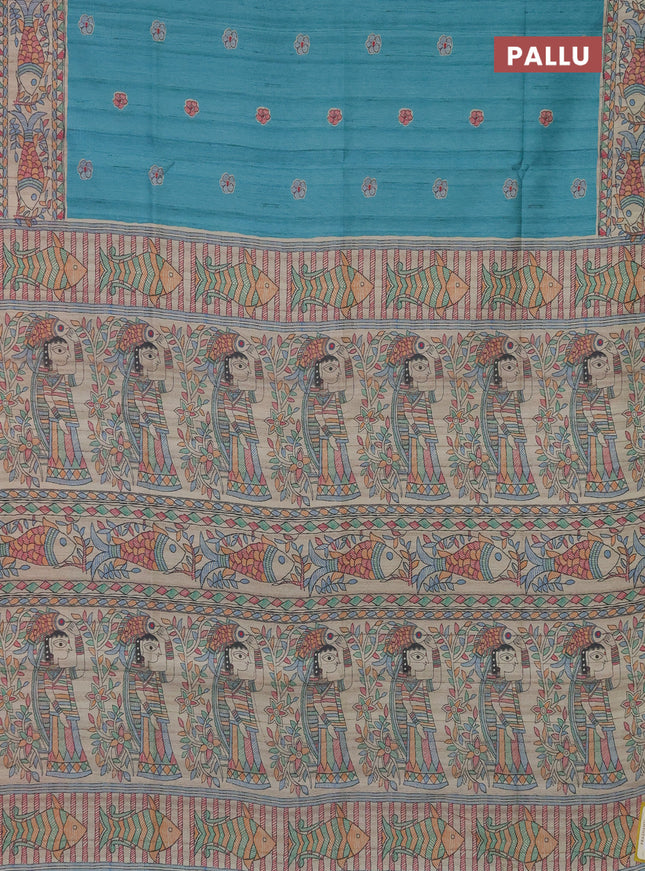 Semi tussar saree teal blue and beige with butta prints and madhubani printed pallu