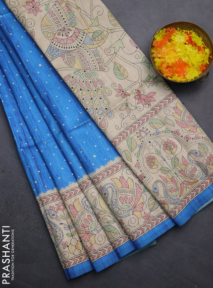 Semi tussar saree cs blue and beige with polka dot prints and madhubani printed pallu