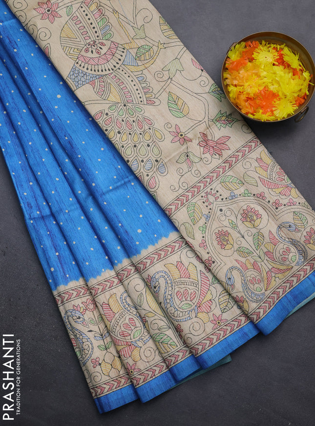 Semi tussar saree cs blue and beige with polka dot prints and madhubani printed pallu