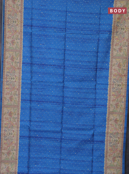 Semi tussar saree cs blue and beige with polka dot prints and madhubani printed pallu