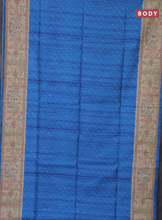 Semi tussar saree cs blue and beige with polka dot prints and madhubani printed pallu