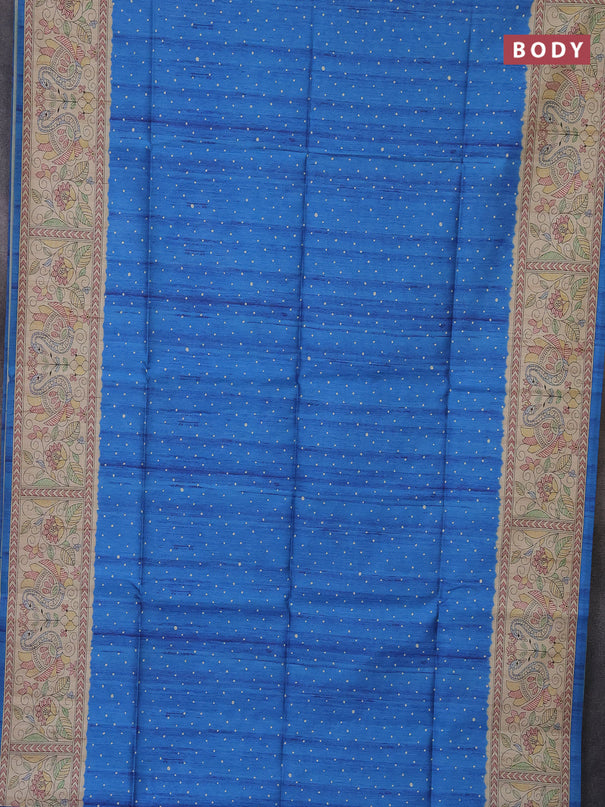 Semi tussar saree cs blue and beige with polka dot prints and madhubani printed pallu