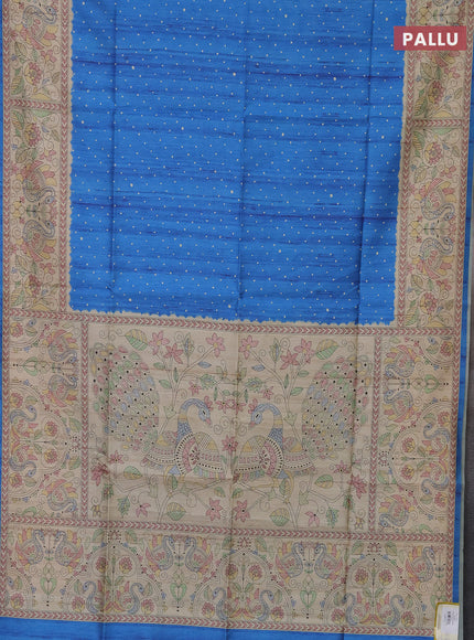 Semi tussar saree cs blue and beige with polka dot prints and madhubani printed pallu