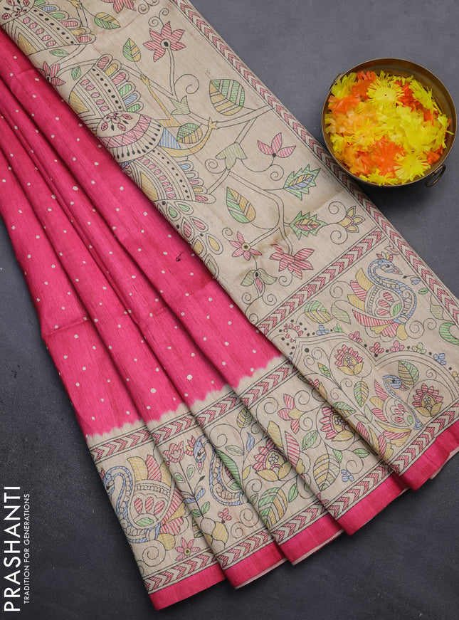 Semi tussar saree pink and beige with polka dot prints and madhubani printed pallu