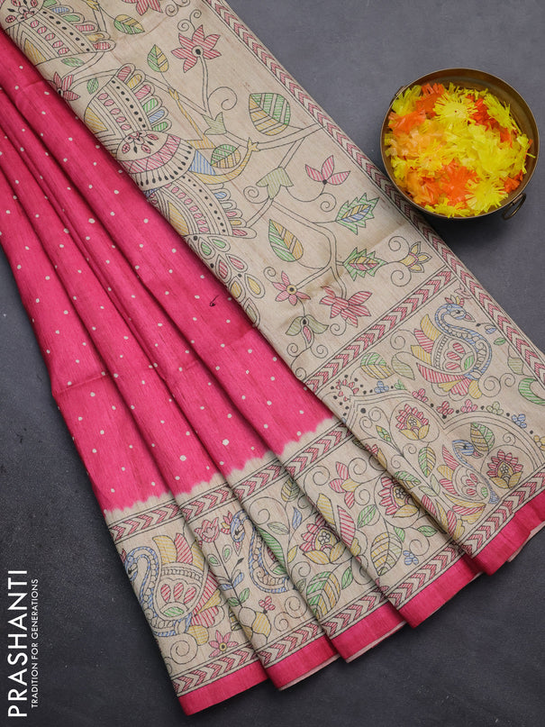 Semi tussar saree pink and beige with polka dot prints and madhubani printed pallu