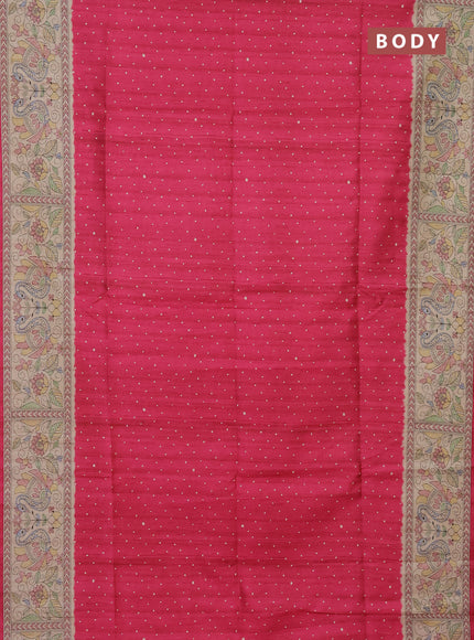 Semi tussar saree pink and beige with polka dot prints and madhubani printed pallu