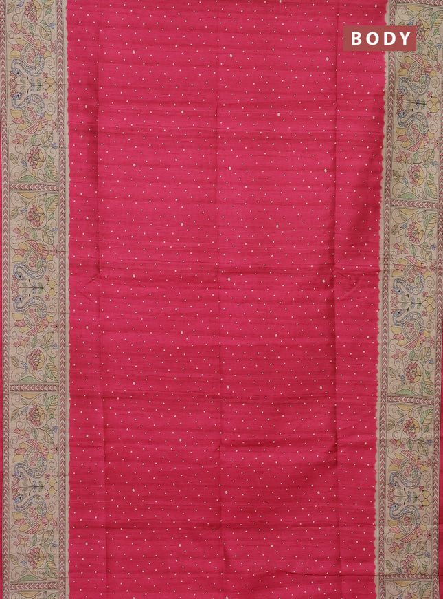 Semi tussar saree pink and beige with polka dot prints and madhubani printed pallu