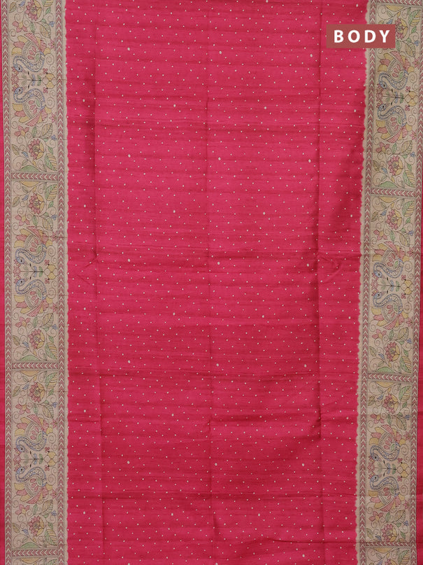 Semi tussar saree pink and beige with polka dot prints and madhubani printed pallu