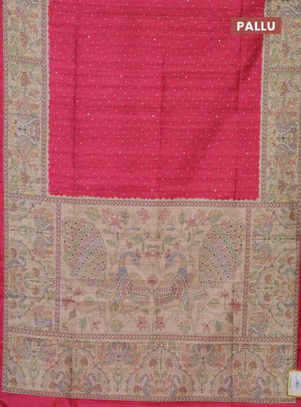 Semi tussar saree pink and beige with polka dot prints and madhubani printed pallu