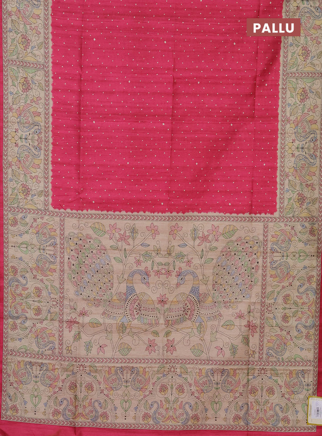 Semi tussar saree pink and beige with polka dot prints and madhubani printed pallu