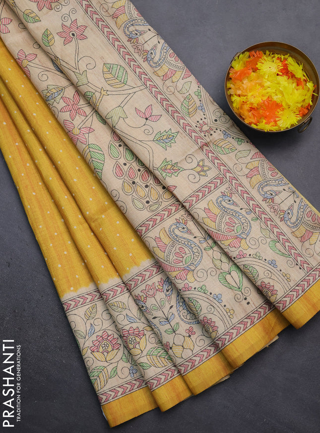 Semi tussar saree mustard yellow and beige with polka dot prints and madhubani printed pallu