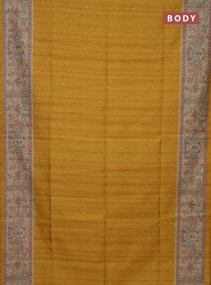Semi tussar saree mustard yellow and beige with polka dot prints and madhubani printed pallu