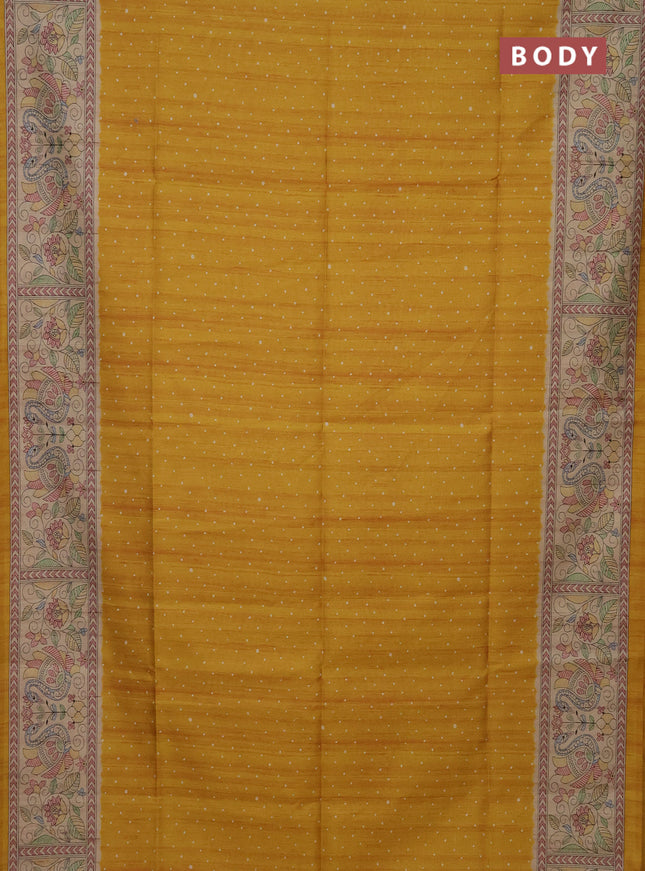 Semi tussar saree mustard yellow and beige with polka dot prints and madhubani printed pallu