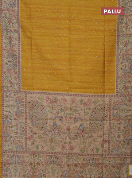 Semi tussar saree mustard yellow and beige with polka dot prints and madhubani printed pallu