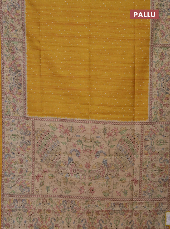 Semi tussar saree mustard yellow and beige with polka dot prints and madhubani printed pallu