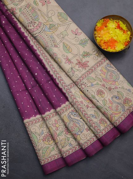 Semi tussar saree purple and beige with polka dot prints and madhubani printed pallu