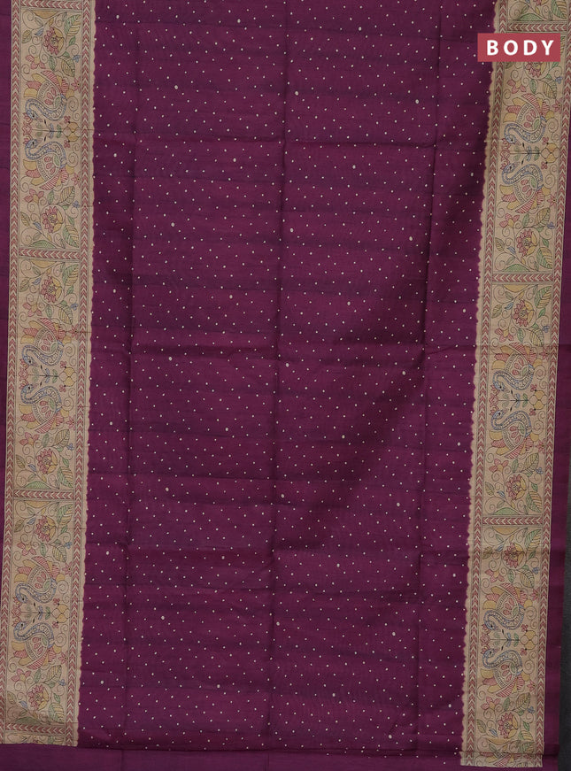 Semi tussar saree purple and beige with polka dot prints and madhubani printed pallu