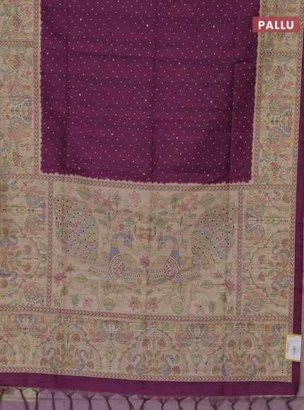 Semi tussar saree purple and beige with polka dot prints and madhubani printed pallu