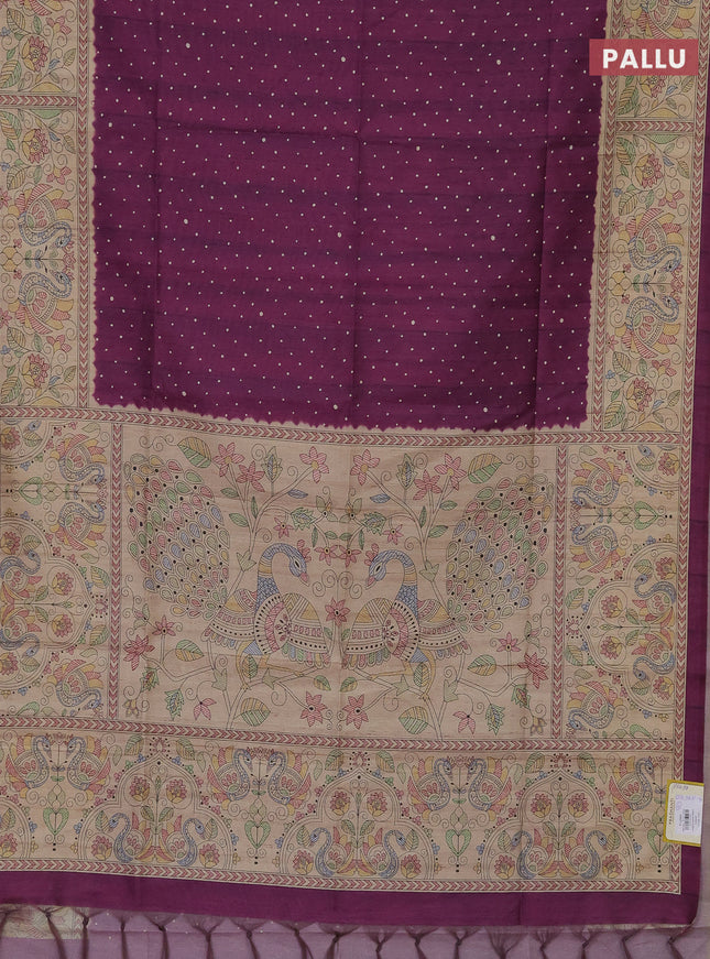 Semi tussar saree purple and beige with polka dot prints and madhubani printed pallu