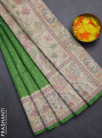 Semi tussar saree green and beige with polka dot prints and madhubani printed pallu