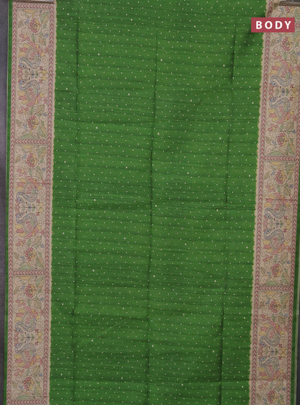 Semi tussar saree green and beige with polka dot prints and madhubani printed pallu