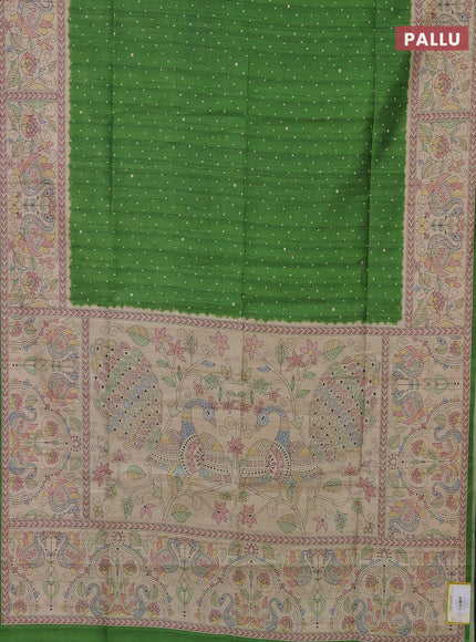 Semi tussar saree green and beige with polka dot prints and madhubani printed pallu