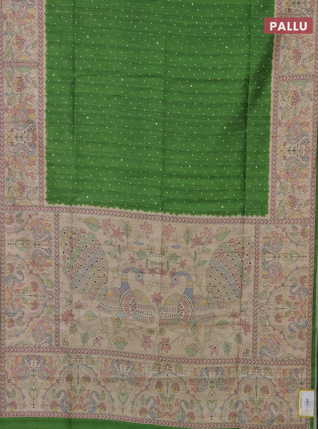 Semi tussar saree green and beige with polka dot prints and madhubani printed pallu