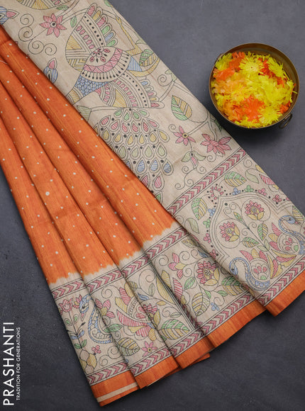 Semi tussar saree orange and beige with polka dot prints and madhubani printed pallu