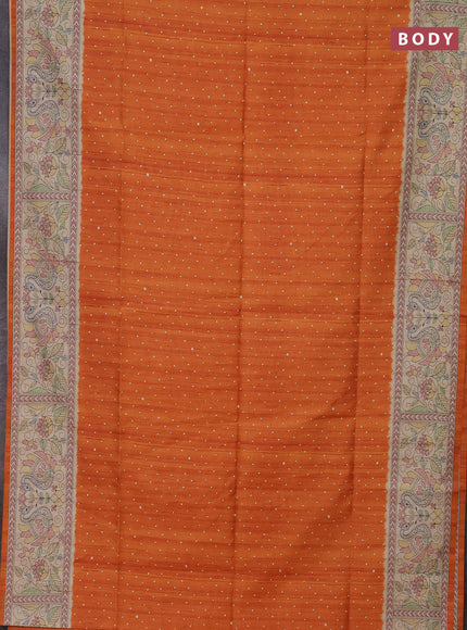 Semi tussar saree orange and beige with polka dot prints and madhubani printed pallu