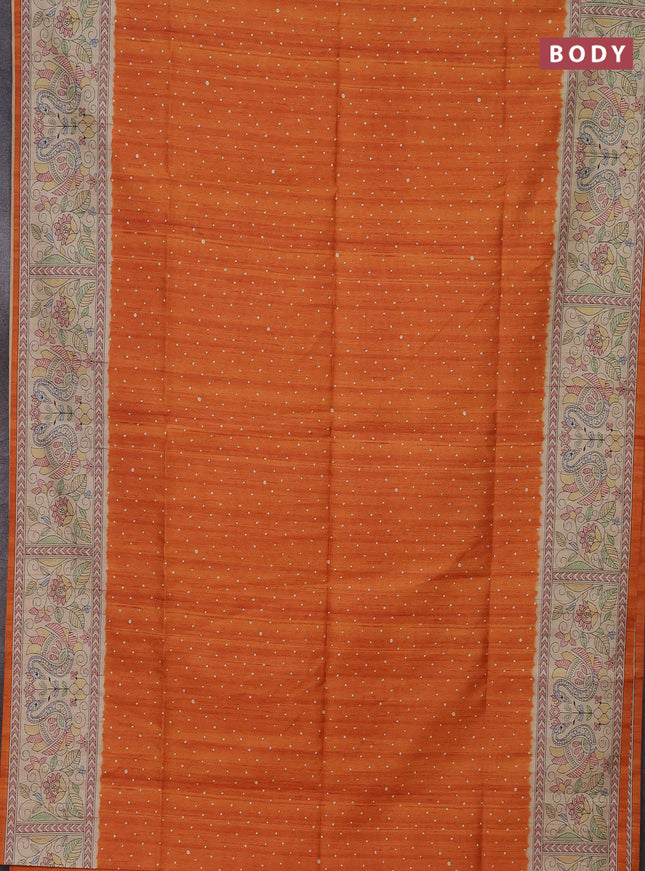 Semi tussar saree orange and beige with polka dot prints and madhubani printed pallu