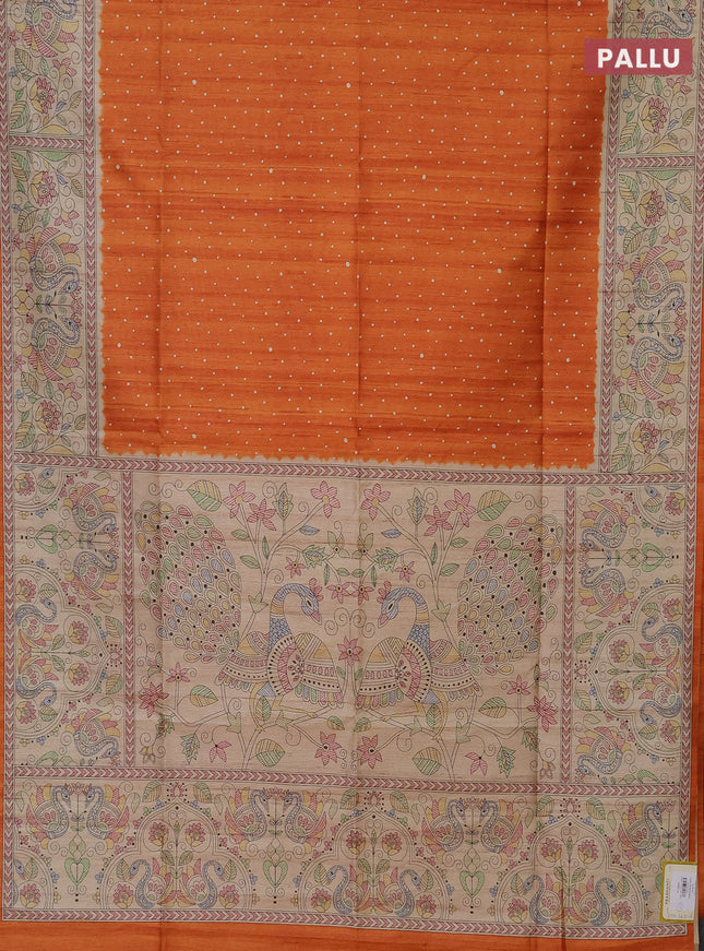 Semi tussar saree orange and beige with polka dot prints and madhubani printed pallu