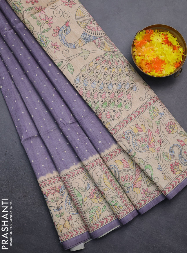 Semi tussar saree pastel lavender and beige with polka dot prints and madhubani printed pallu